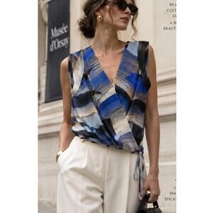 Robert Rodriguez 100% Silk Abstract Print Draped Top Size 4 Blue
